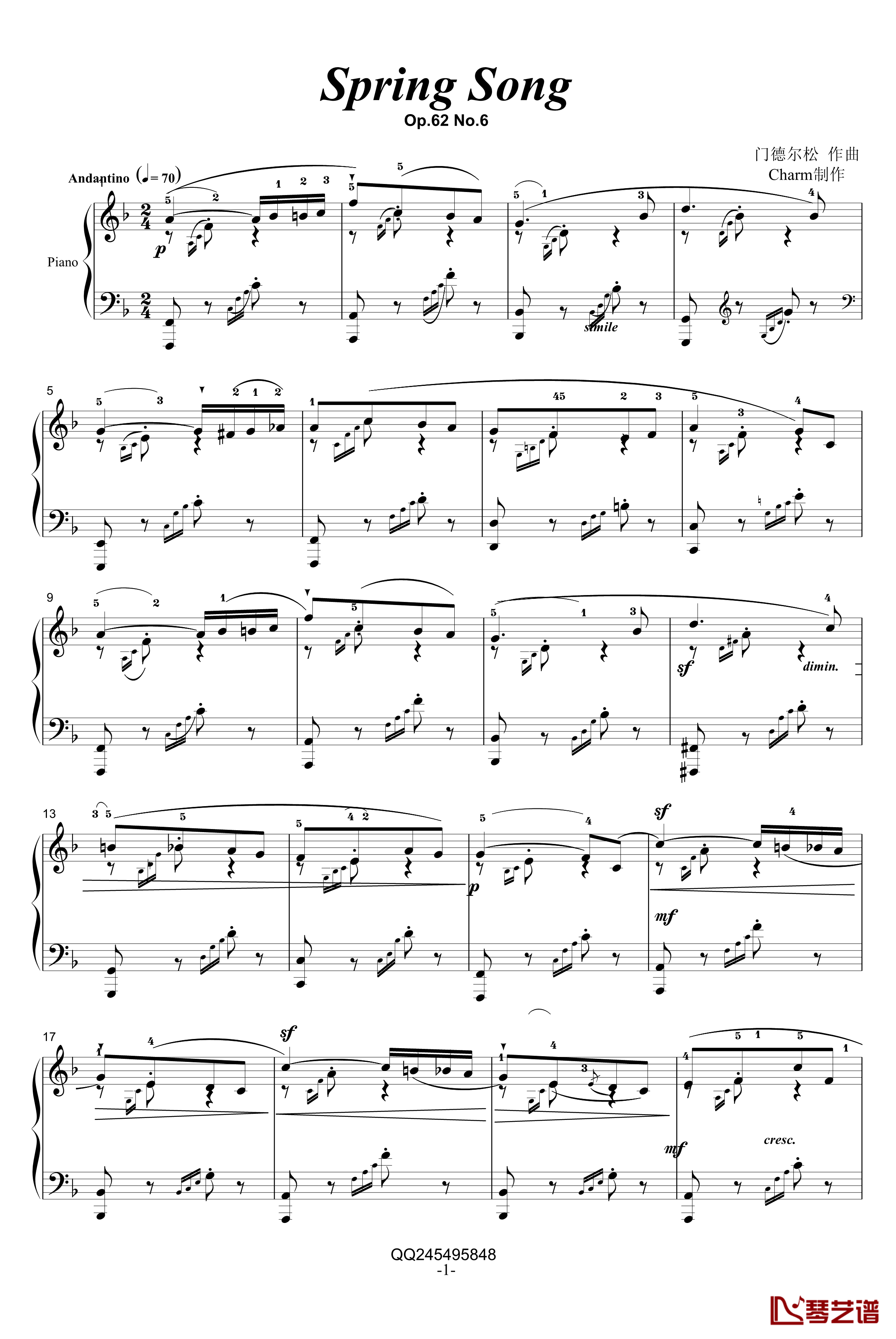 春之歌钢琴谱-门德尔松1