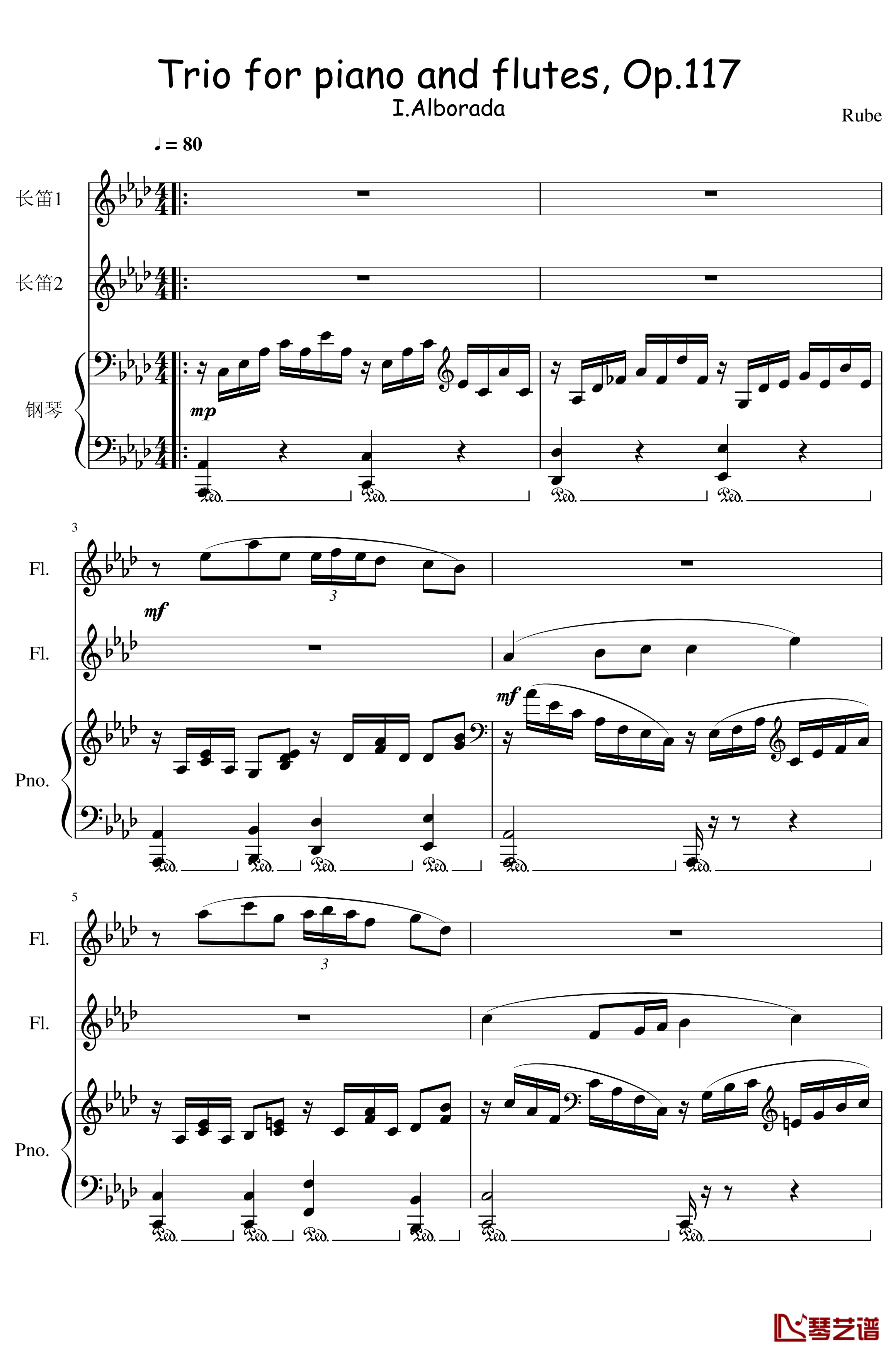Trio for piano and 2 flutes, Op.117钢琴谱-I.Alborada-一个球1