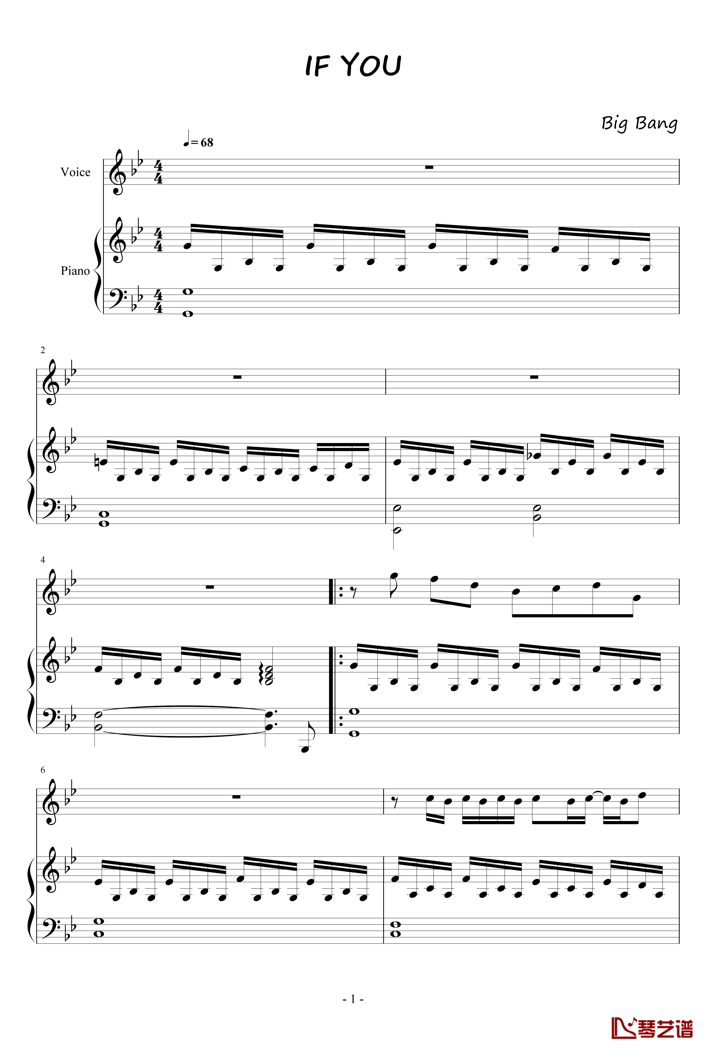 IF YOU钢琴谱男声版-BigBang-低碳伴奏1
