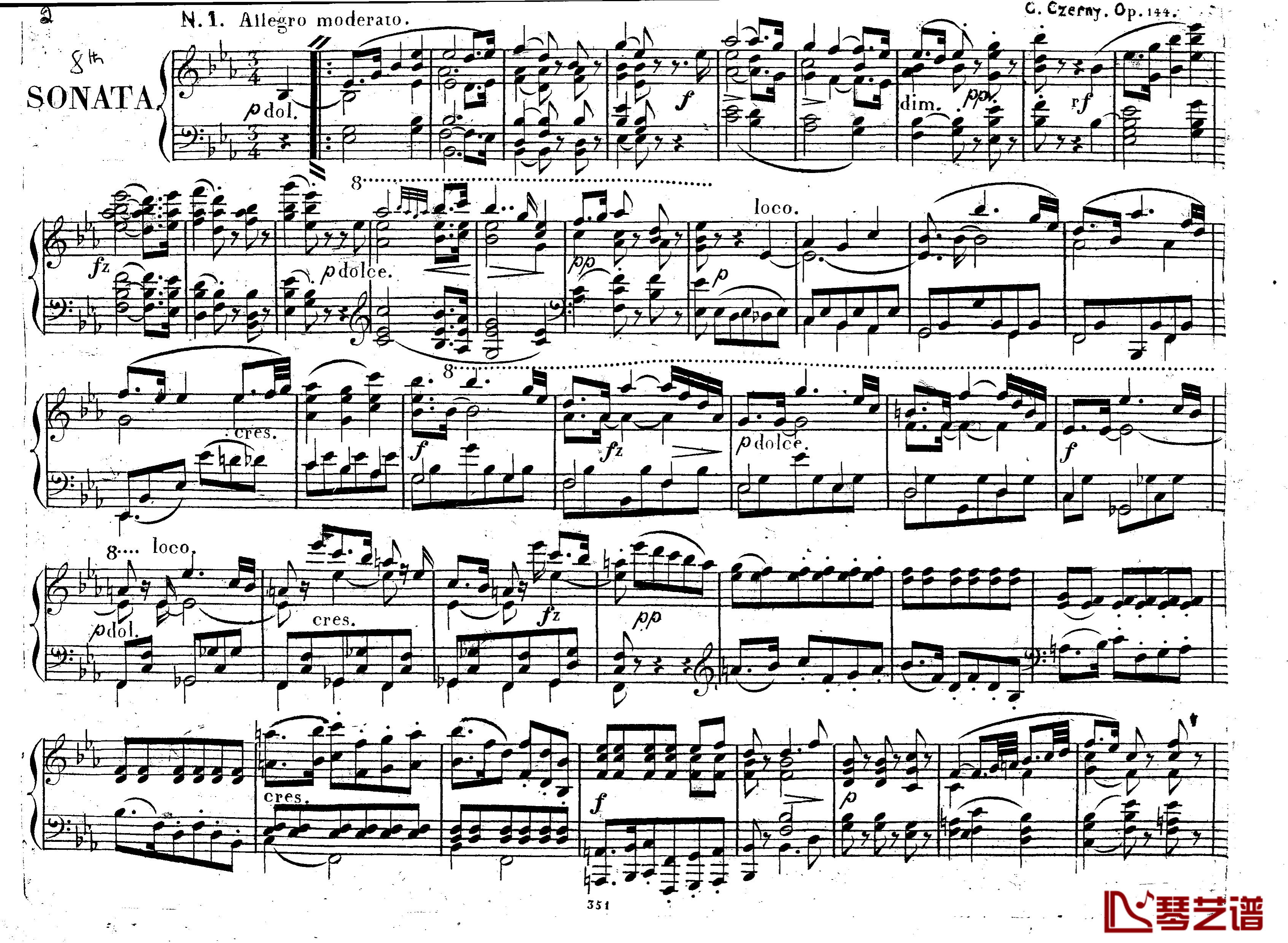 降E大调第八钢琴奏鸣曲 Op.144钢琴谱-车尔尼-Czerny1