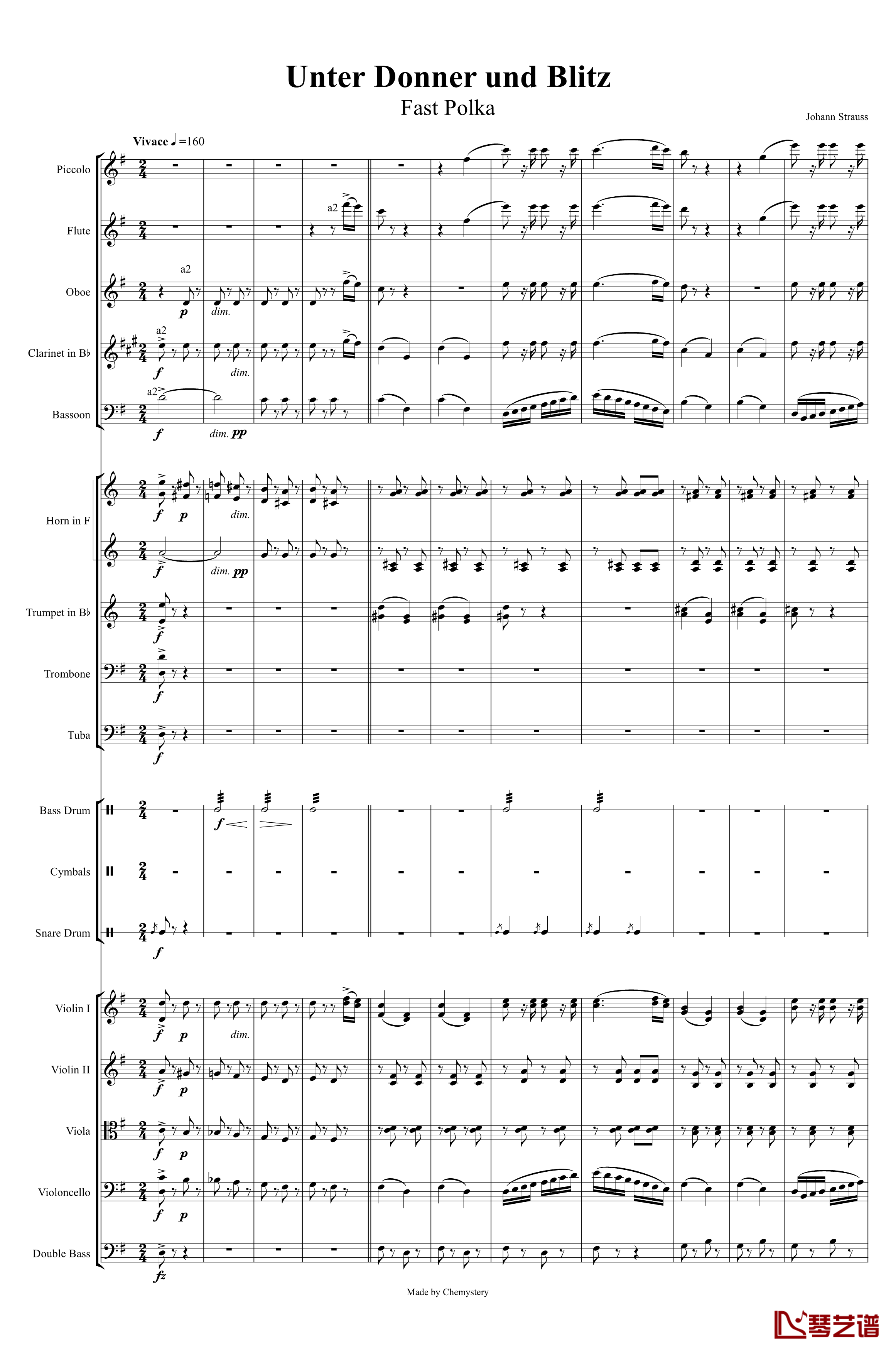 电闪雷鸣的快速波尔卡钢琴谱-Johann Jr. Strauss1