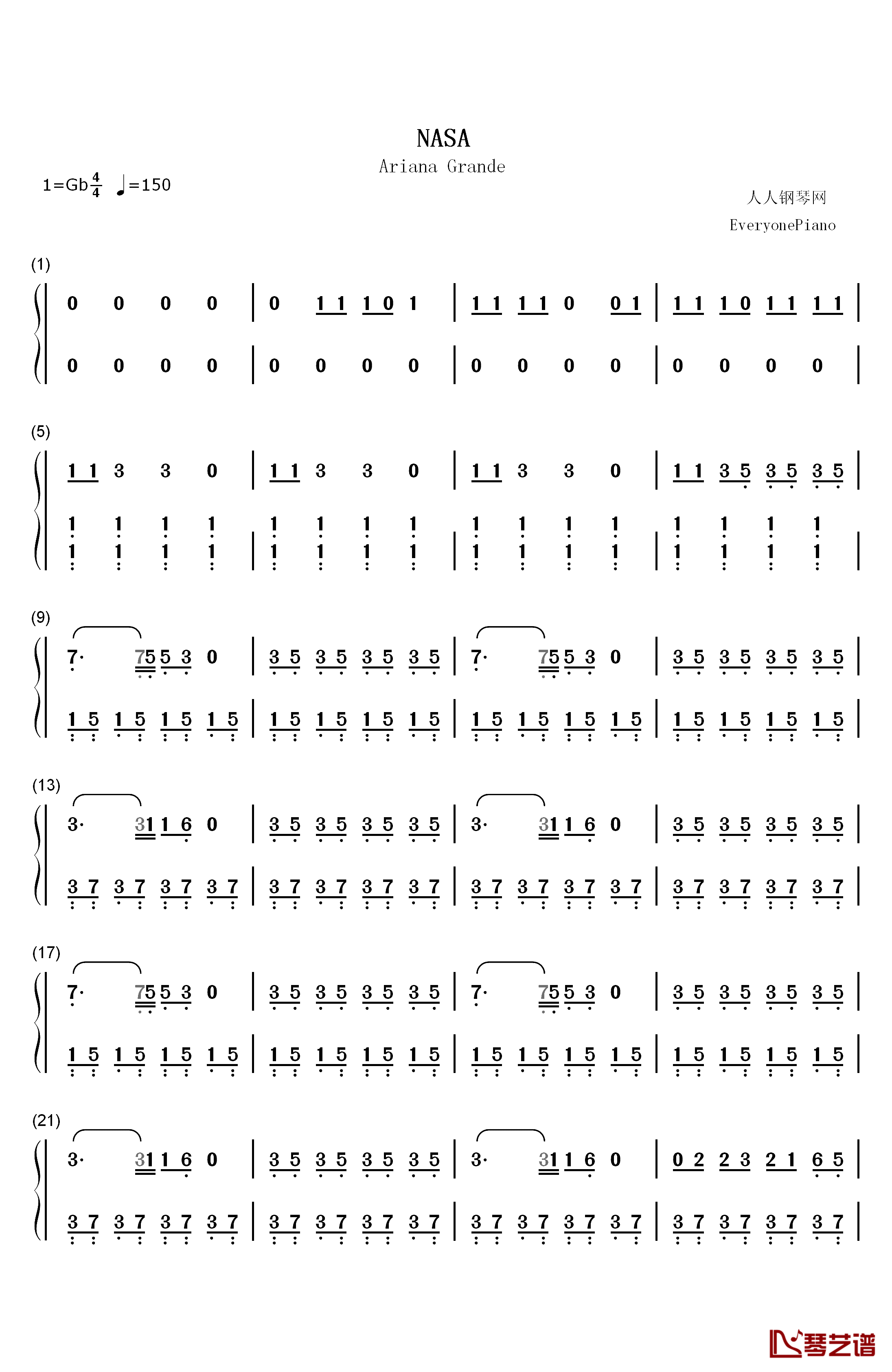 NASA钢琴简谱-数字双手-Ariana Grande1