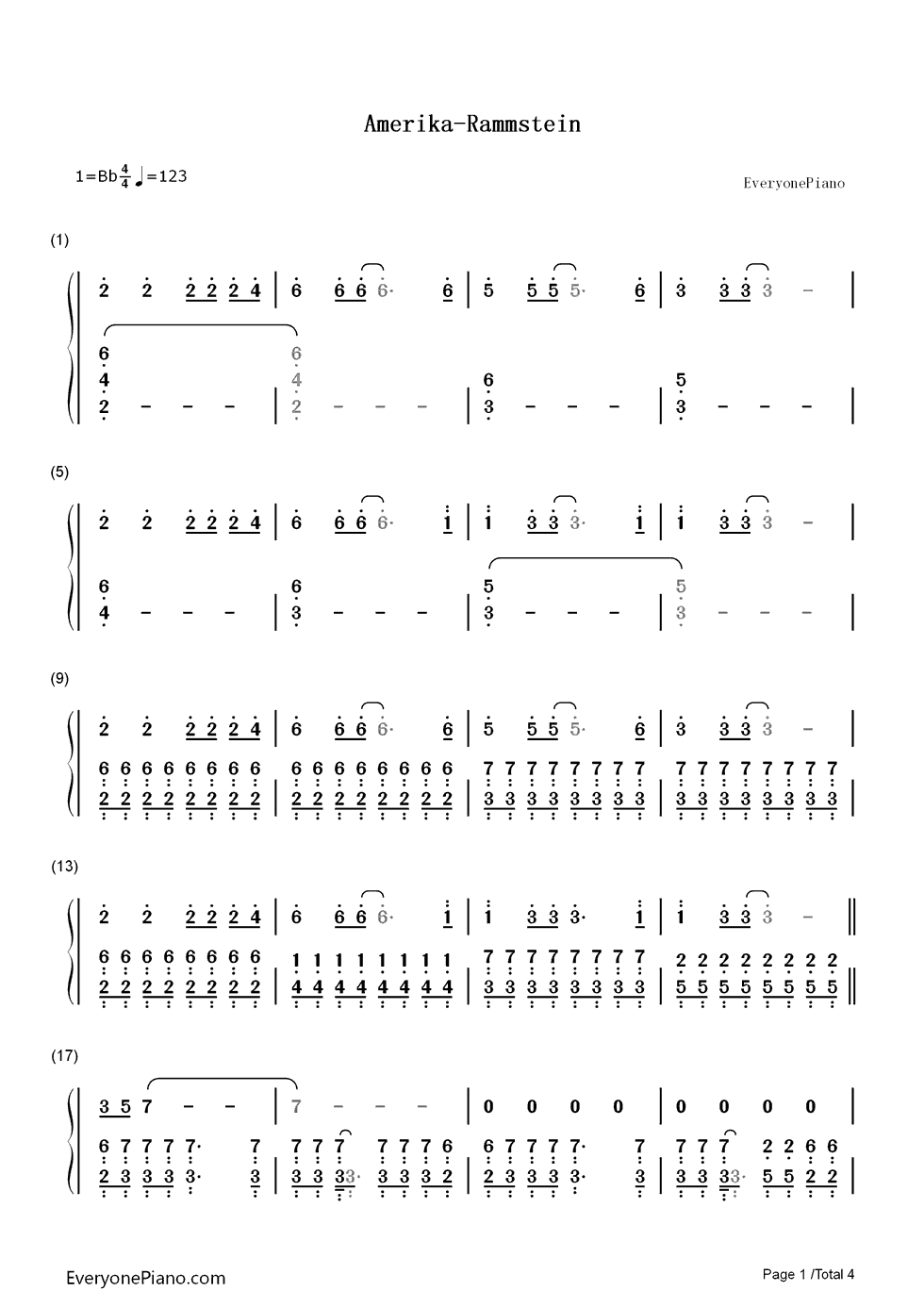 Amerika钢琴简谱-数字双手-Rammstein1