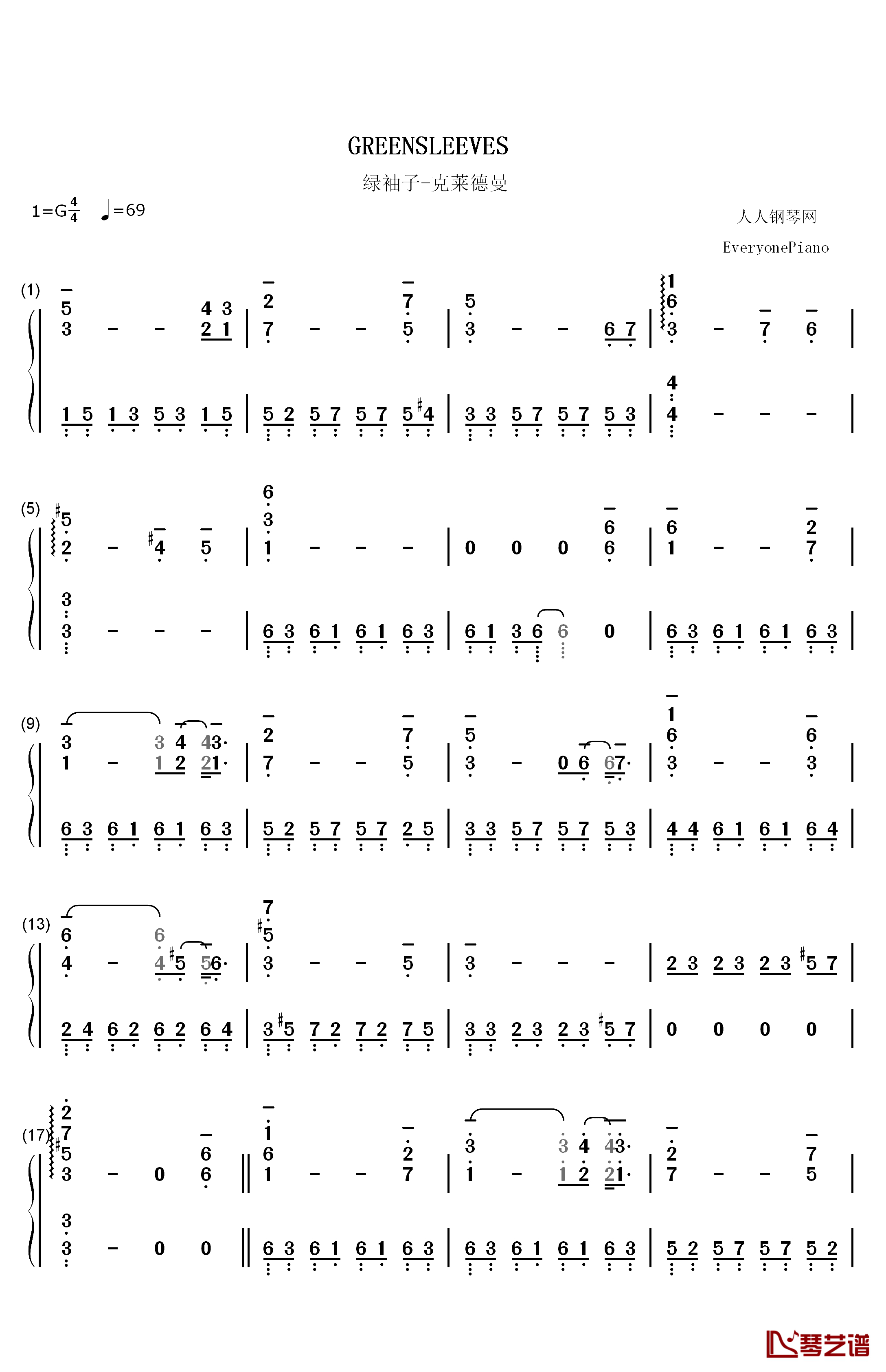 绿袖子钢琴简谱-数字双手-英国民歌1