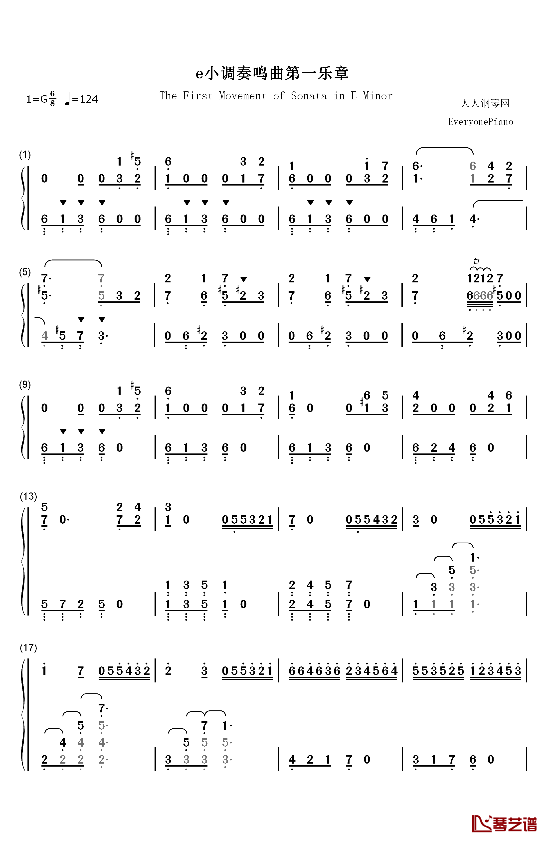 e小调奏鸣曲第一乐章钢琴简谱-数字双手-海顿1
