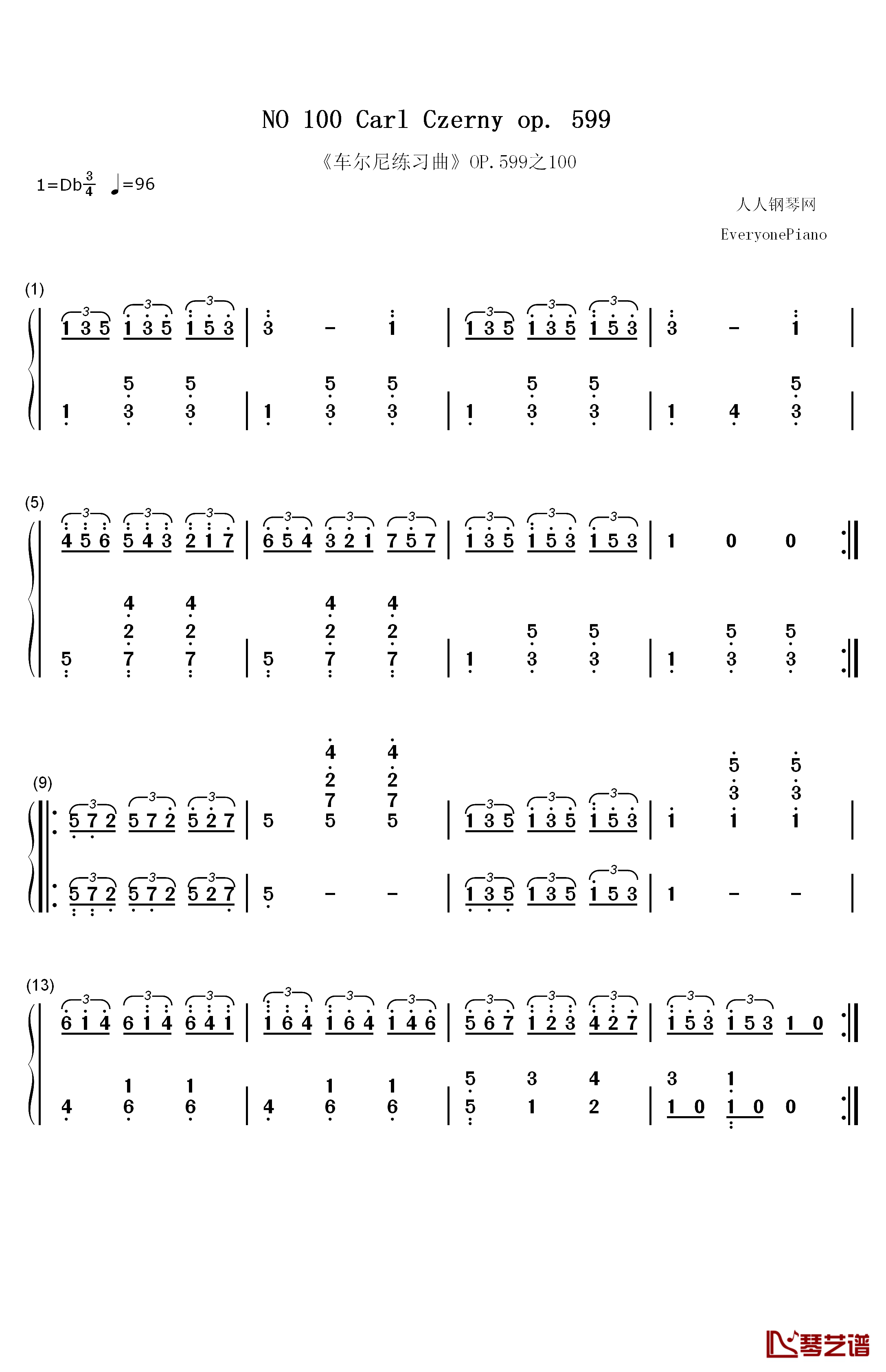 《车尔尼练习曲》OP.599之100钢琴简谱-数字双手-车尔尼1