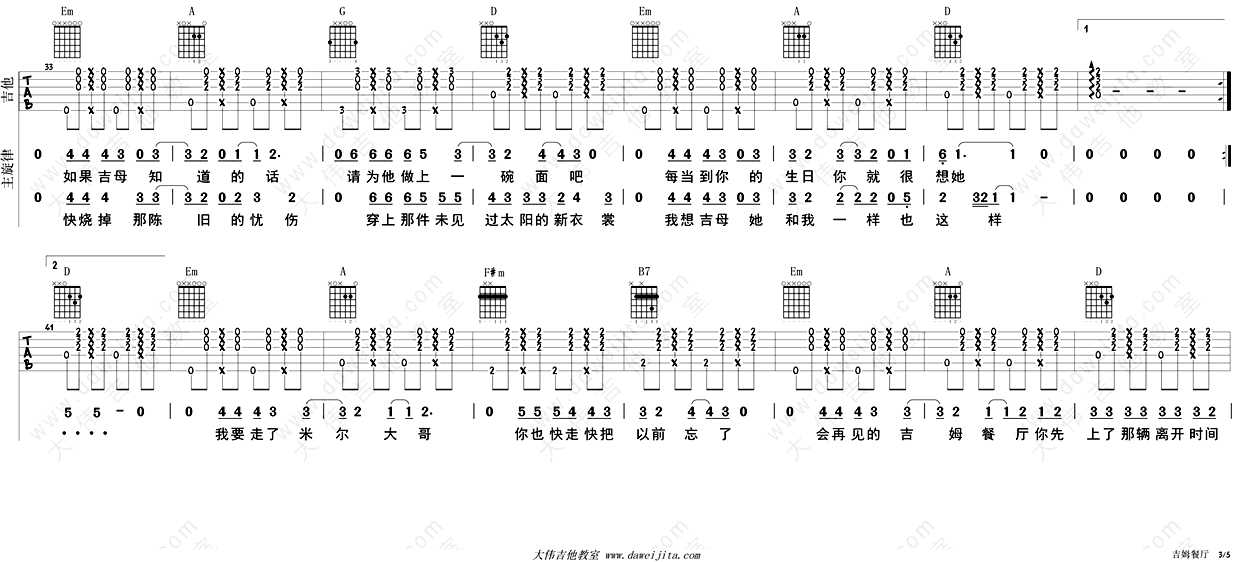 吉姆餐厅吉他谱-D调指法-赵雷-吉他弹唱教学讲解-六线谱完整版3