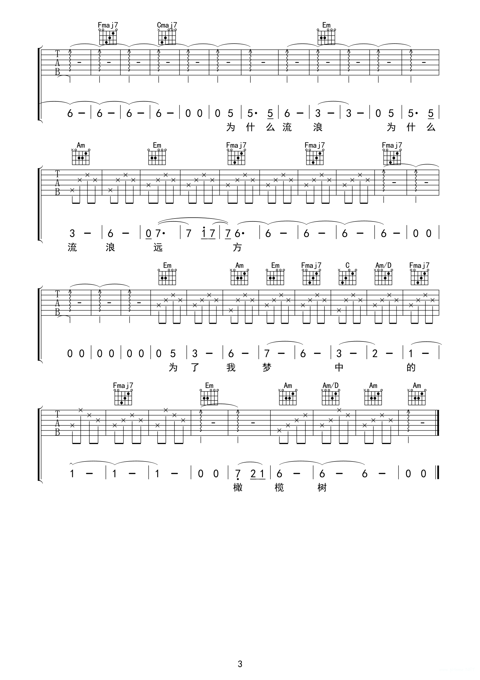 橄榄树吉他谱-齐豫-C调3