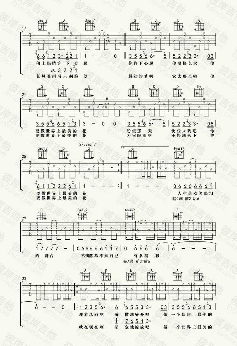 世界上最美的花吉他谱-G调指法-水木年华-吉他弹唱教学2