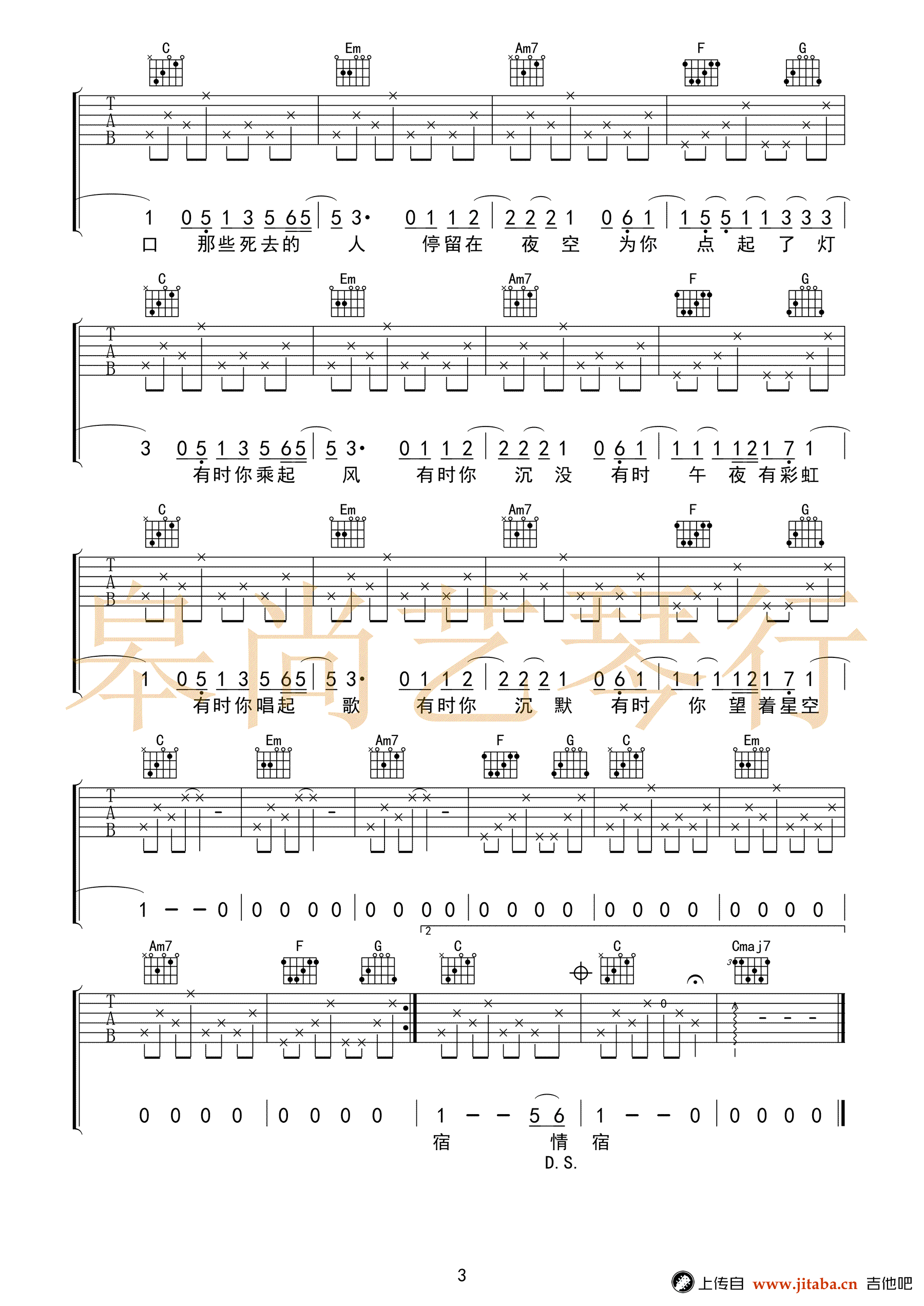 猎户星座吉他谱-C调简单版-朴树-高清弹唱谱3