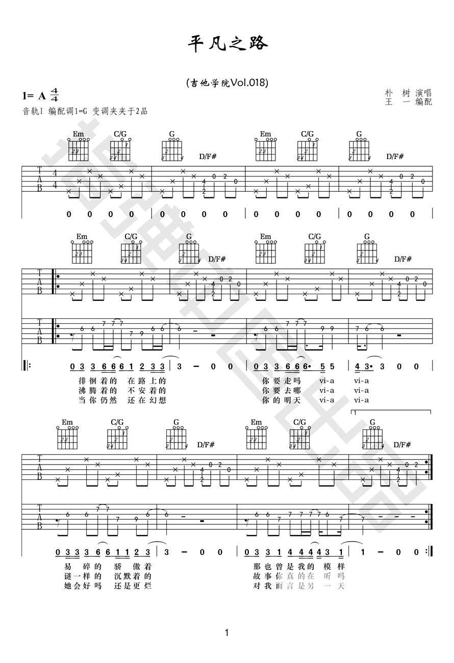 平凡之路吉他谱-G调指法-双吉他版本-朴树1